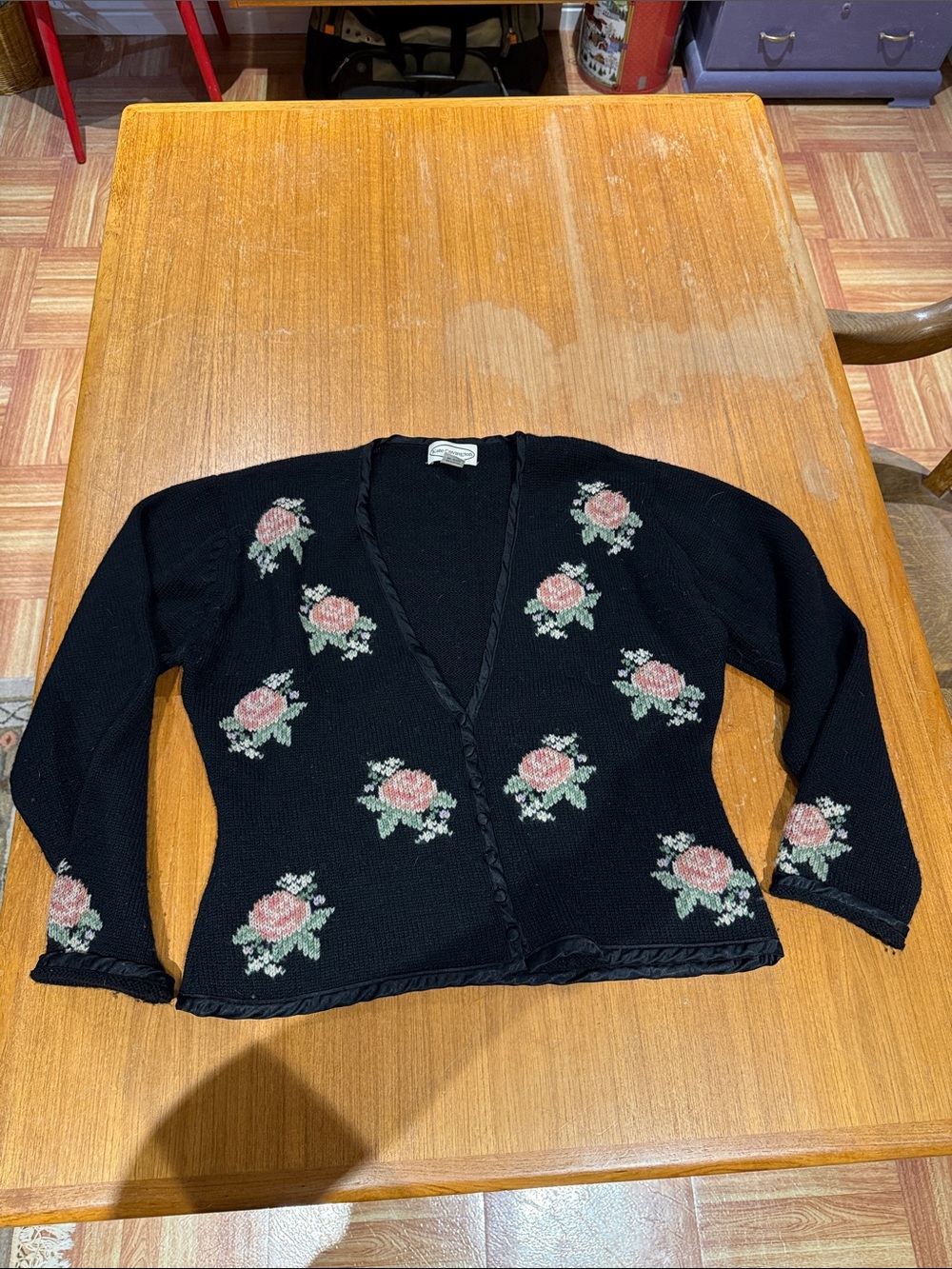 Covington Black Cardigan with Pink Rose Embroidery